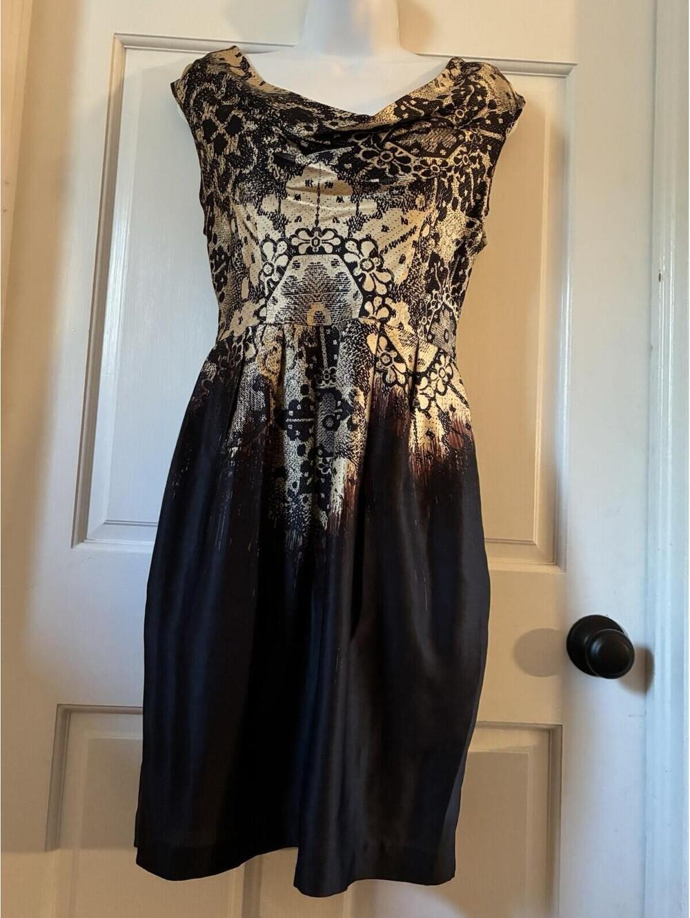 Andrew Marc Black and Tan Floral Patterned Sleeveless Silk Dress - Size 4